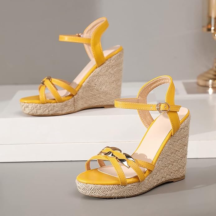 VOKLIN Women's Casual Espadrilles Wedge Sandals Open Toe Ankle Strap Metallic Chunky Platform Dressy Sandal