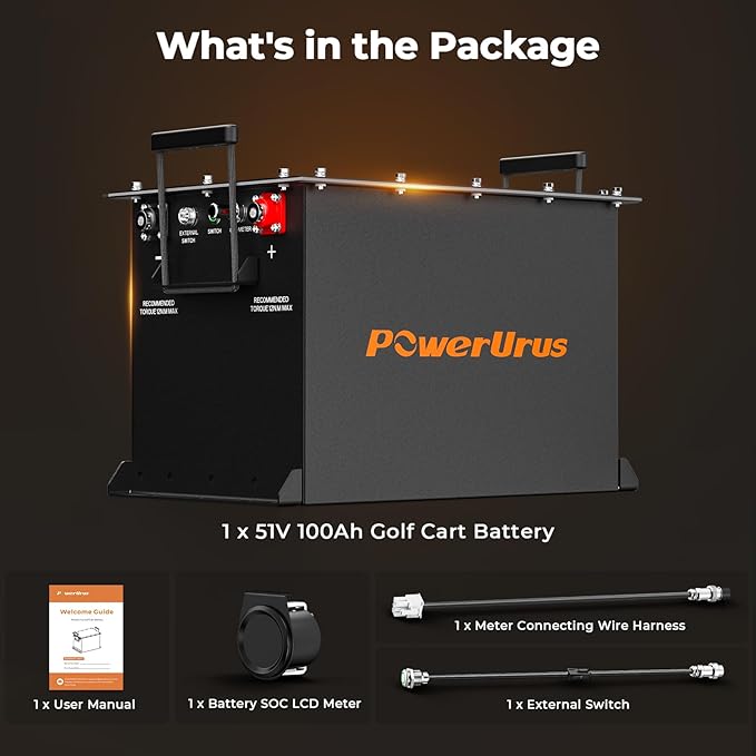 48V 100Ah Lithium Golf Cart Battery, PowerUrus 48V Lithium Golf Cart Battery, 48V 100Ah LiFePO4 Batteries, Built-in Max 300A BMS, with LCD Monitor & Mobile APP, 4000+ Cycles, Perfect for Golf Carts