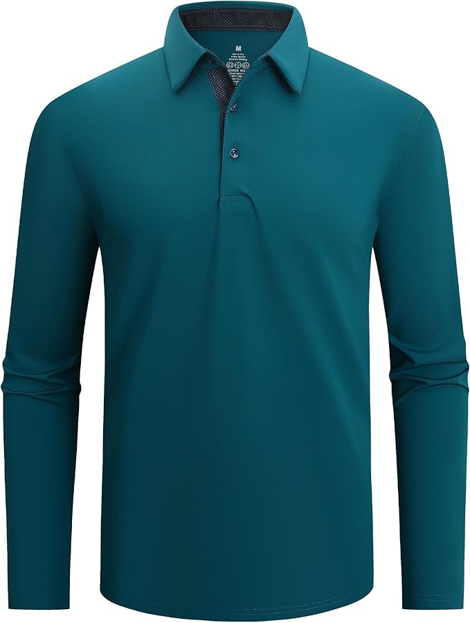 Alex Vando Mens Golf Shirt Moisture Wicking Quick-Dry Solid Long Sleeve Polo Shirts for Men