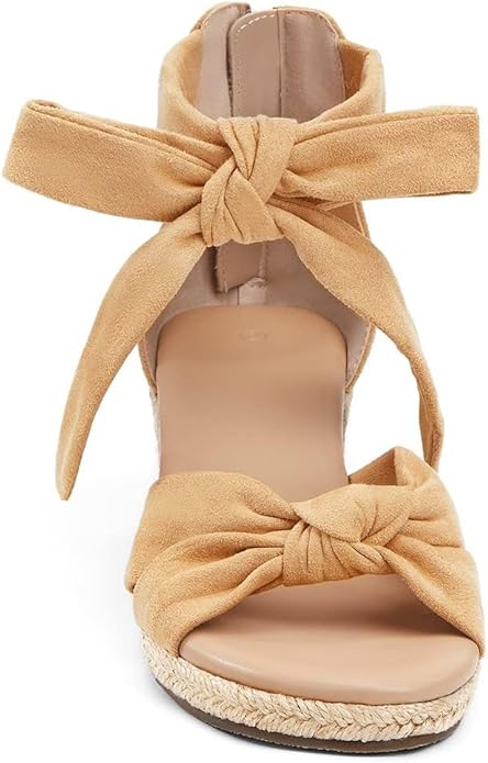 LAICIGO Womens Espadrilles Wedge Sandals Back Zipper Closure Open Toe Platform Ankle Strap Summer Dress Shoes with Bow