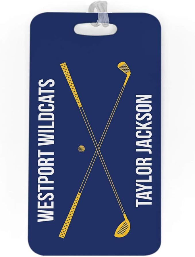 ChalkTalkSPORTS Golf Luggage & Bag Tag | Personalized Crossed Golf Clubs | Standard Lines on Back | Large | Navy/Gold