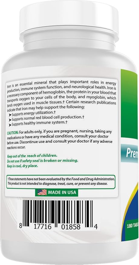 Best Naturals Iron Supplement (Iron Bisglycinate) - 25mg - 180 Tablets - Gentle of Stomach - Non-Constipating