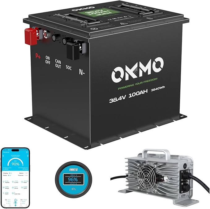 OKMO 36V 100Ah Lithium Golf Cart Battery Built-in Smart 250A BMS with 43.8V 22A Battery Charger APP Supported 4000+ Cycles