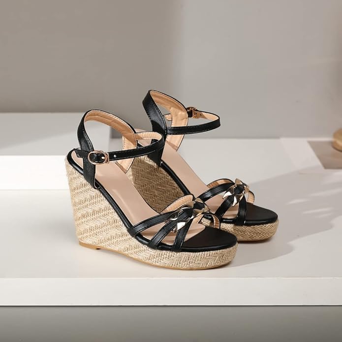 VOKLIN Women's Casual Espadrilles Wedge Sandals Open Toe Ankle Strap Metallic Chunky Platform Dressy Sandal