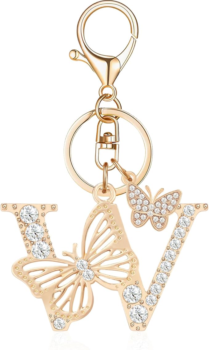 Gold Plated Alphabet Initial Letter Keyring Keychain for Women Girls Crystal Key Chains for Wallet Backpack Bag Charm