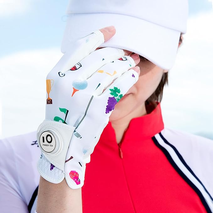 FINGER TEN Stylish Golf Gloves Women with Ball Marker 1 Pack for Left or Right Hand, Breathable Glove with Fashion Patterns for Ladies Right Left Handed Golfer
