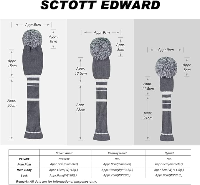 Scott Edward Golf Headcovers for Woods Set of 3 Fits Well Driver(460cc) Fairway Wood and Hybrid(UT) The Perfect Change for Golf Bag Classic Striped Style