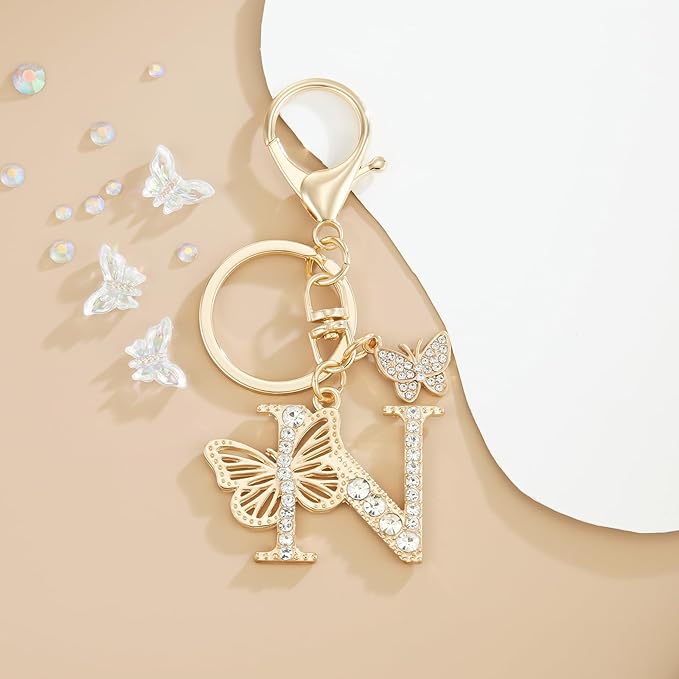 Gold Plated Alphabet Initial Letter Keyring Keychain for Women Girls Crystal Key Chains for Wallet Backpack Bag Charm