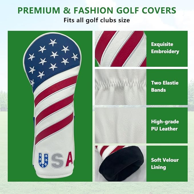 Golf American Style Head Cover Golf Club Blue and White Leather Headcovers Set Fits Driver Fairway Wood Hybrid Utility Putter Iron Wedge Headcover.