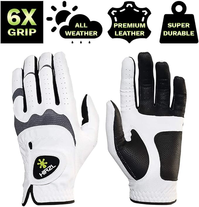 HIRZL Trust Hybrid – Men’s All Weather Golf Glove | Kangaroo Leather | Ultimate Grip and Ergonomic Fit, White/Black (Pack of 5)