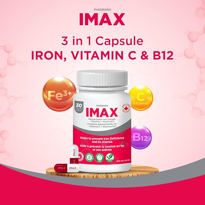 IMAX Iron Supplement 150 mg, Vitamin C 250 mg & B12 1000 mcg, Iron Supplement Treatment for Women & Men, Once Daily, 30 Capsules