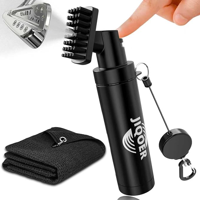 Golf Club Cleaner Brush with 360° All-Angle Spray Design (5.3oz) and Microfiber Waffle Towel (16x16in), Leakproof Club Cleaning Kit with Retractable Clip – Must-Have Golf Accessories for Men & Women
