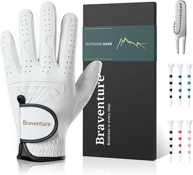 Braventure Breathable Kids Golf Glove: Age 5-13 Youth Leather Golf Glove with Golf Tees, Divot Tool & Gift Box for Boys Girls
