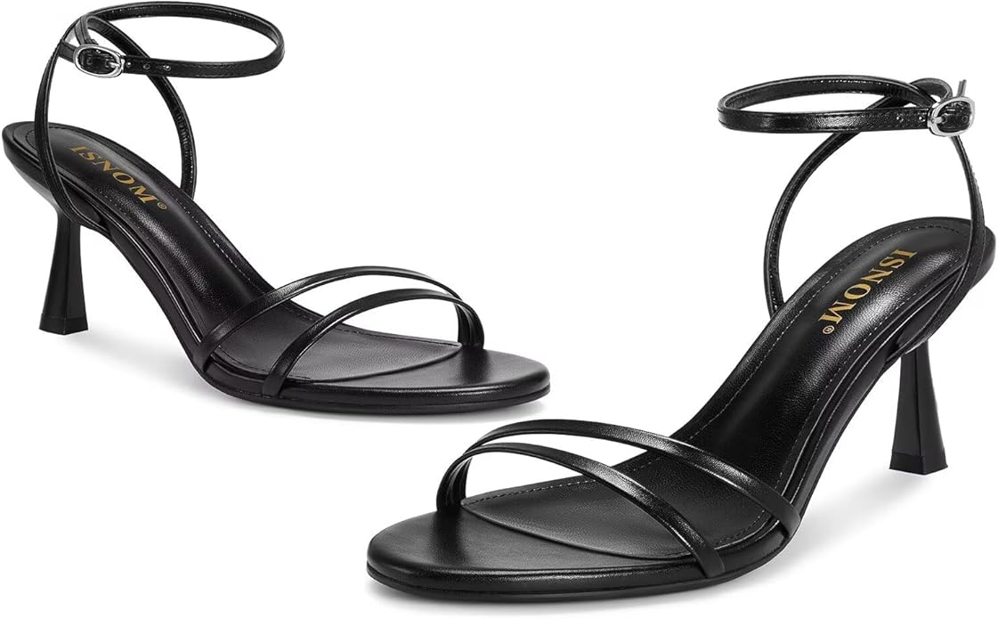 ISNOM Womens Sandals Round Toe Low Heels Strappy Ankle Strap Kitten Heel Comfort Dress Party Shoes