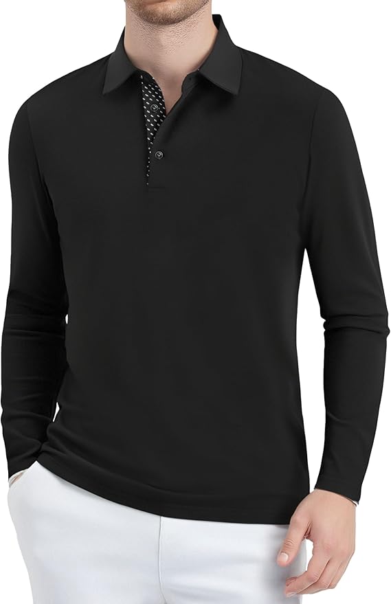 Alex Vando Mens Golf Shirt Moisture Wicking Quick-Dry Solid Long Sleeve Polo Shirts for Men