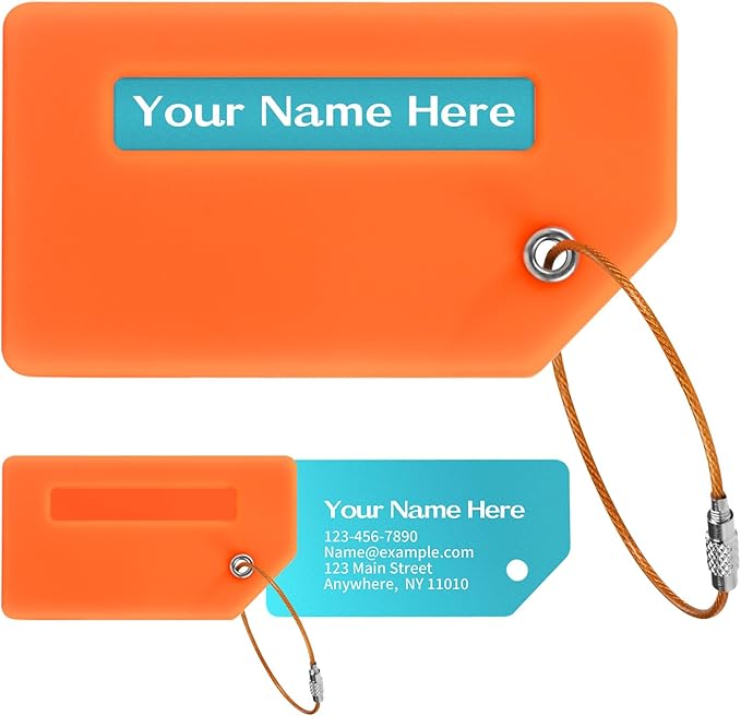 Personalized Luggage Tags for Suitcases, Custom Metal Luggage Tag for Bag with Silicone Sleeves, Durable Travel Tags, Laser Engrave Name Text, Gift for Travelers, 3.5x2 Inches (Orange)