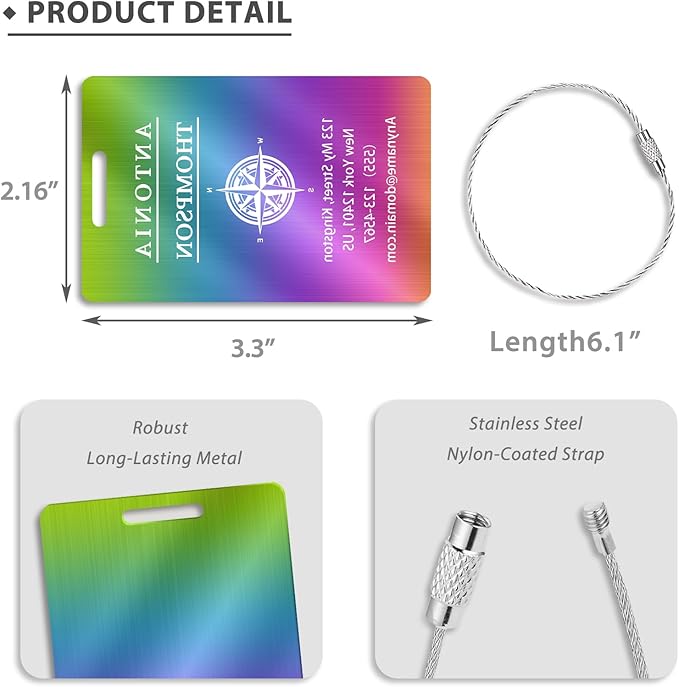 Custom Stainless Steel Luggage Tags (2 Pack) - Personalized Laser Engraved Luggage Tag, Waterproof Durable, for Bags, Backpack Travel, Suitcases (Multi Color)