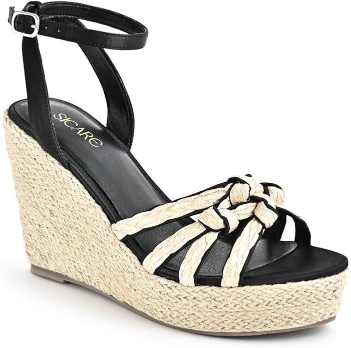 Open Toe Wedge Sandals for Women Espadrilles Platform Braided Strappy Sandals Comfortable Slip on High Heel Summer Wedges Sandals Dressy Shoes with Adjustable Ankle Strap
