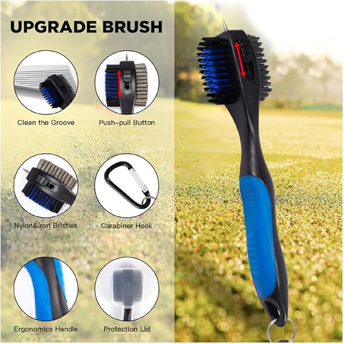 Golf Club Brushes, Golf Cleaning Tool, with Retractable Cleaning Nails, Nylon and Wire Bristles Oversize Double Brush Head with 2ft Retractable Zip-line Metal Buckle