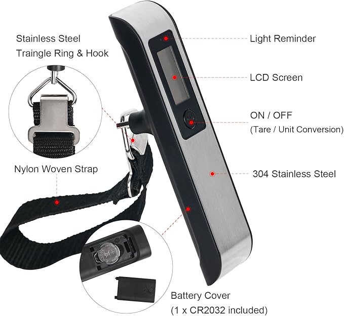 travel inspira Luggage Scale, Portable Digital Hanging Baggage Scale for Travel, Suitcase Weight Scale with Rubber Paint, 110 Pounds, Battery Included