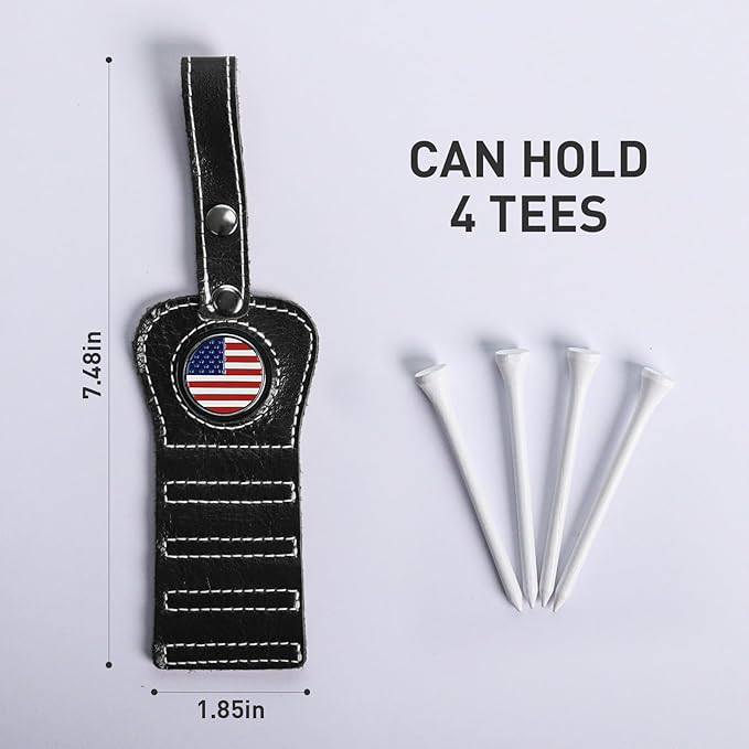 Golf Tee Holder with USA Ball Marker 4 Pcs White Wood Tees, Portable Hold Different Tee Leather Gift Hook Hanging Clip to Golf Bag Belt