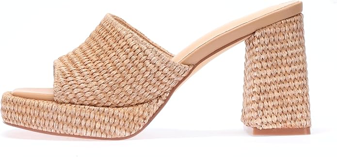 Monrovia Womens Sandals Heels for Women Slide On Block Chunky Platform High Heels Open Toe Raffia Wedge Sandals