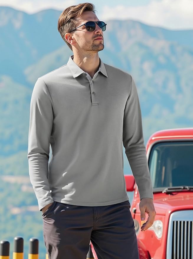 Alex Vando Mens Golf Shirt Moisture Wicking Quick-Dry Solid Long Sleeve Polo Shirts for Men