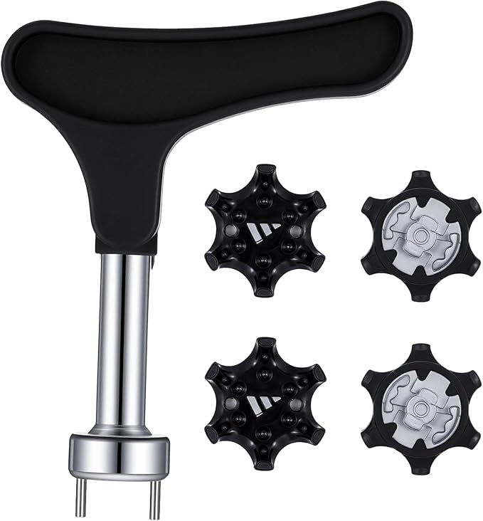 Sibba Universal Golf Shoe Spike Wrench Tool Compact Zinc Alloy Cleat Removal Tool with 4 Replacement Golfs Spikes Durable Two-Pin Design for Easy Golf Shoe Spike Repair & Replacement (Black)