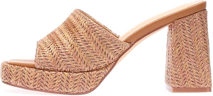 Monrovia Womens Sandals Heels for Women Slide On Block Chunky Platform High Heels Open Toe Raffia Wedge Sandals