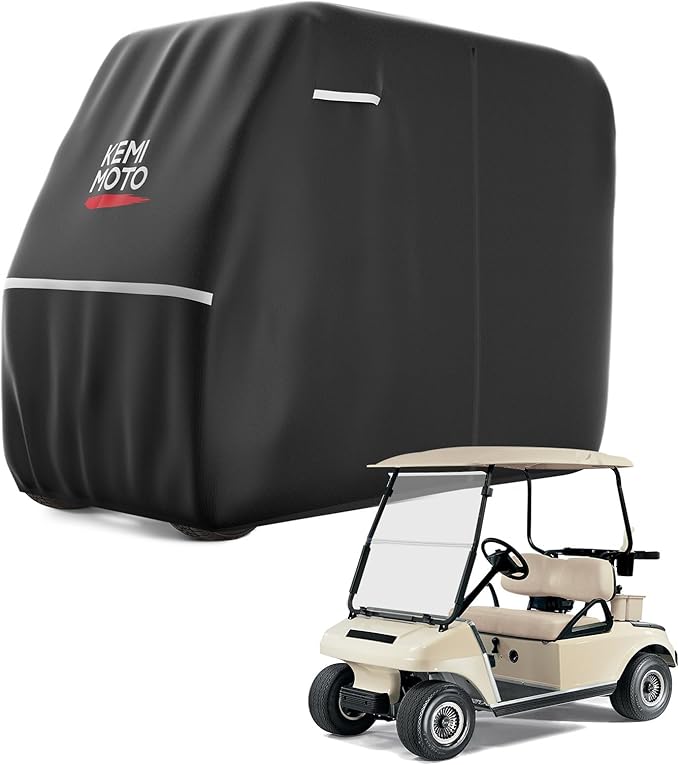 KEMIMOTO Golf Cart Cover, 600D Weatherproof Durable Protection 2-Seater Large Rainproof Cover with Storage Bag Compatible with EZGO Club Car 2 Passenger, Black
