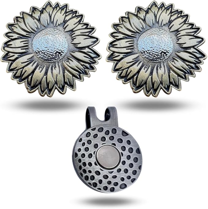 Full Metal Markers Sunflower Unique Magnetic Metal Golf Ball Marker Accessory with Hat Clip for Men and Women