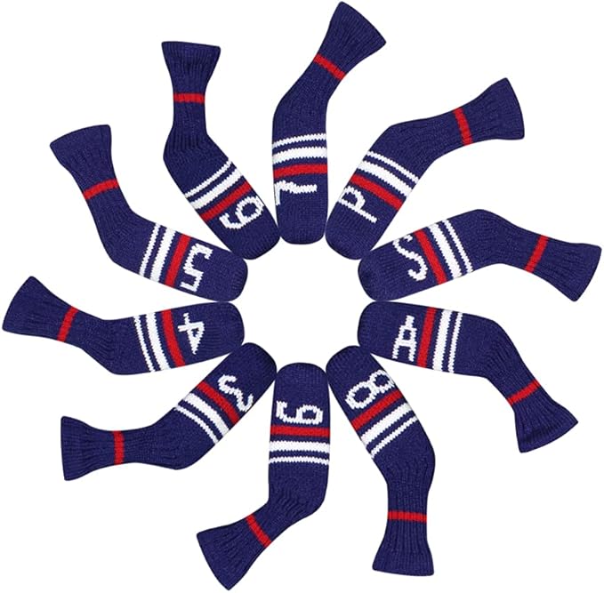Scott Edward 1/7/10 Pcs Knitted Golf Club Head Covers for Irons Wedge Cuteness and Basically Socks Shape Washable Golf Club Head Protector on Red/Blue Warning Style
