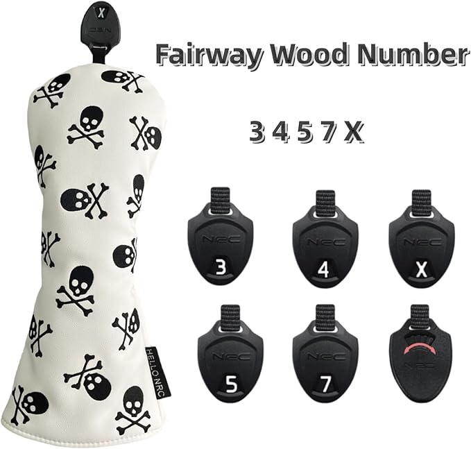 Golf Club Headcover 3 Wood Headcover Hybrid UT Covers White Skull Embroidery, Premium Leather Driver Head Covers Hybrid Headcover Fairway Wood Cover for Golf Clubs