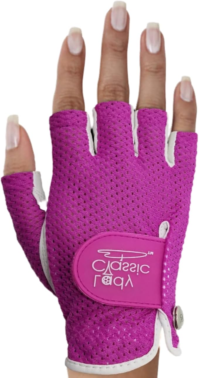 Mesh Half Golf Glove for Women – Premium Cabretta Leather Palm, Breathable Mesh Back, Half-Finger Design Ladies Golf Glove for Enhanced Grip & Comfort