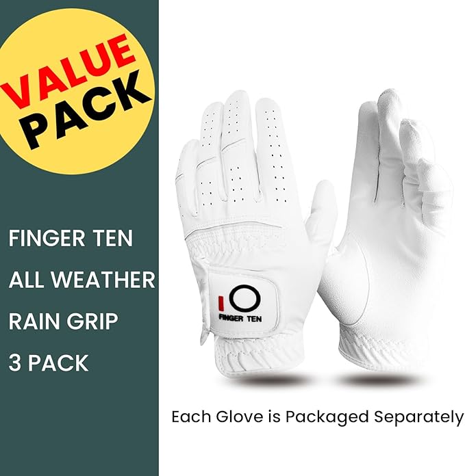 FINGER TEN All Weather Grip Golf Gloves Men Value 3 Pack for Right Handed Golfer, Hot Wet Rain Grip & Comfort Soft Glove for Premium Performance, Colors White Black Blue Sizes S M L XL