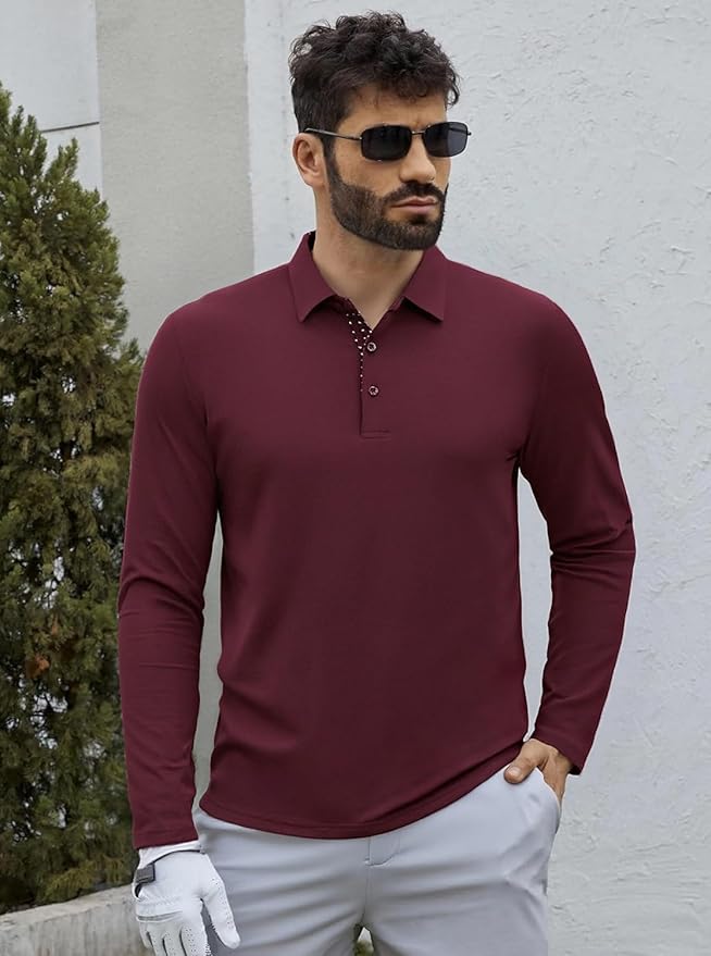 Alex Vando Mens Golf Shirt Moisture Wicking Quick-Dry Solid Long Sleeve Polo Shirts for Men