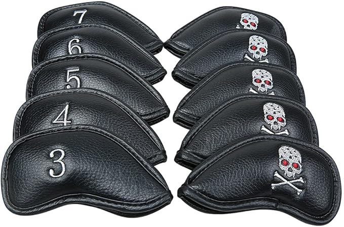 SEACLOUD 10Pcs Golf Skull Thick Synthetic Leather Iron Head Covers for Golf Iron Club Head Protectors