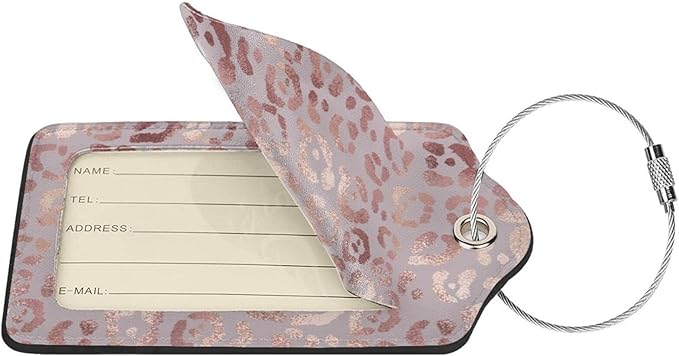 Gold Leopard Print Luggage Tags Set of 2 Leather Stainless Steel Loop Label Tag for Travel Bag Suitcase