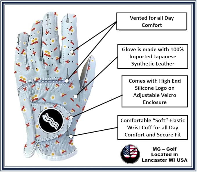 Bacon Eggs Funny Golf Glove – Men's Premium Japanese Synthetic Leather with Cabretta Leather Palms Durable Weather Grip LH RH Sizes Perfect Golfer