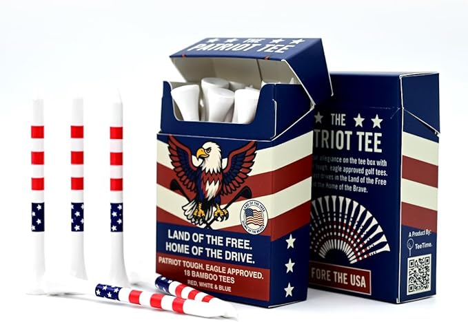 TeeTime. Patriot Golf Tees 18 Premium Bamboo Golf Tees (83mm) – Red, White & Blue American Flag Themed – Durable, Eco-Friendly Novelty Golf Tees – USA Eagle Packaging