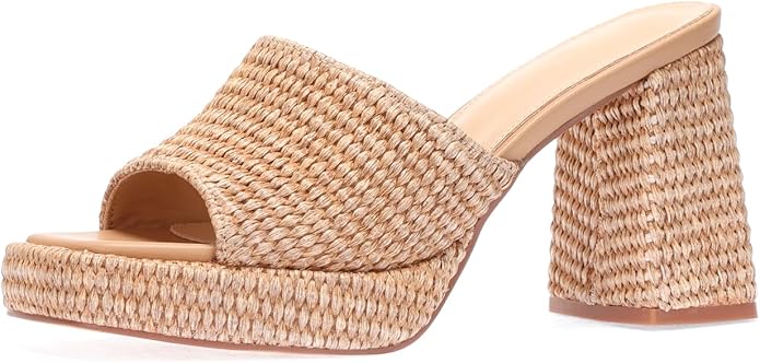 Monrovia Womens Sandals Heels for Women Slide On Block Chunky Platform High Heels Open Toe Raffia Wedge Sandals