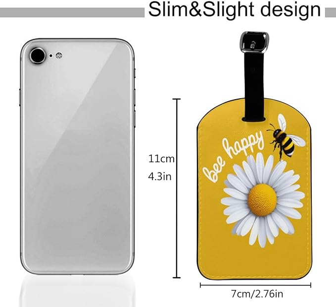 White Daisy Luggage Tag for Suitcases,Inspirational Quote Bee Happy Yellow PU Leather Baggage Tags Bag Tags Travel Id Label for Luggage Women Men -1 Piece