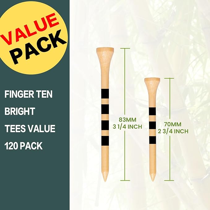 FINGER TEN Golf Tees Wood 3 1/4 2 3/4 Inch Value 50/120 Count, Durable Tees with Bright Colored Stripes for Consistent Height, 70mm 83mm Long Tees Ideal for Golfers