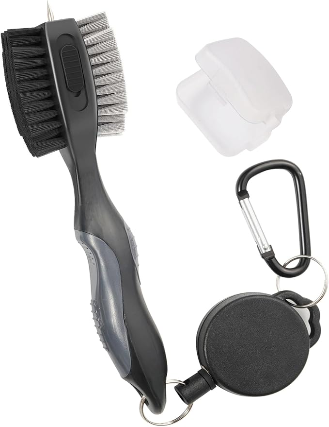 Golf Club Brushes, Golf Cleaning Tool, with Retractable Cleaning Nails, Nylon and Wire Bristles Oversize Double Brush Head with 2ft Retractable Zip-line Metal Buckle