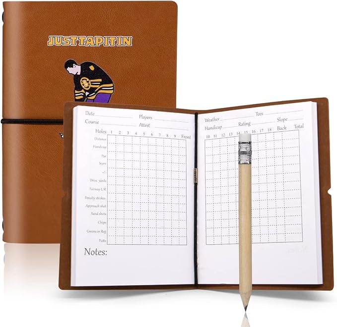 Leather Golf Scorecard Book Golf Yardage Book for Practice Stats and Round Logging - Golf Scorecard Book with Golf Score Cards Pages with Small Golf Pencil, Golf Terminology & Game Formats