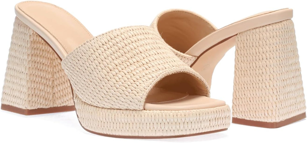 Monrovia Womens Sandals Heels for Women Slide On Block Chunky Platform High Heels Open Toe Raffia Wedge Sandals