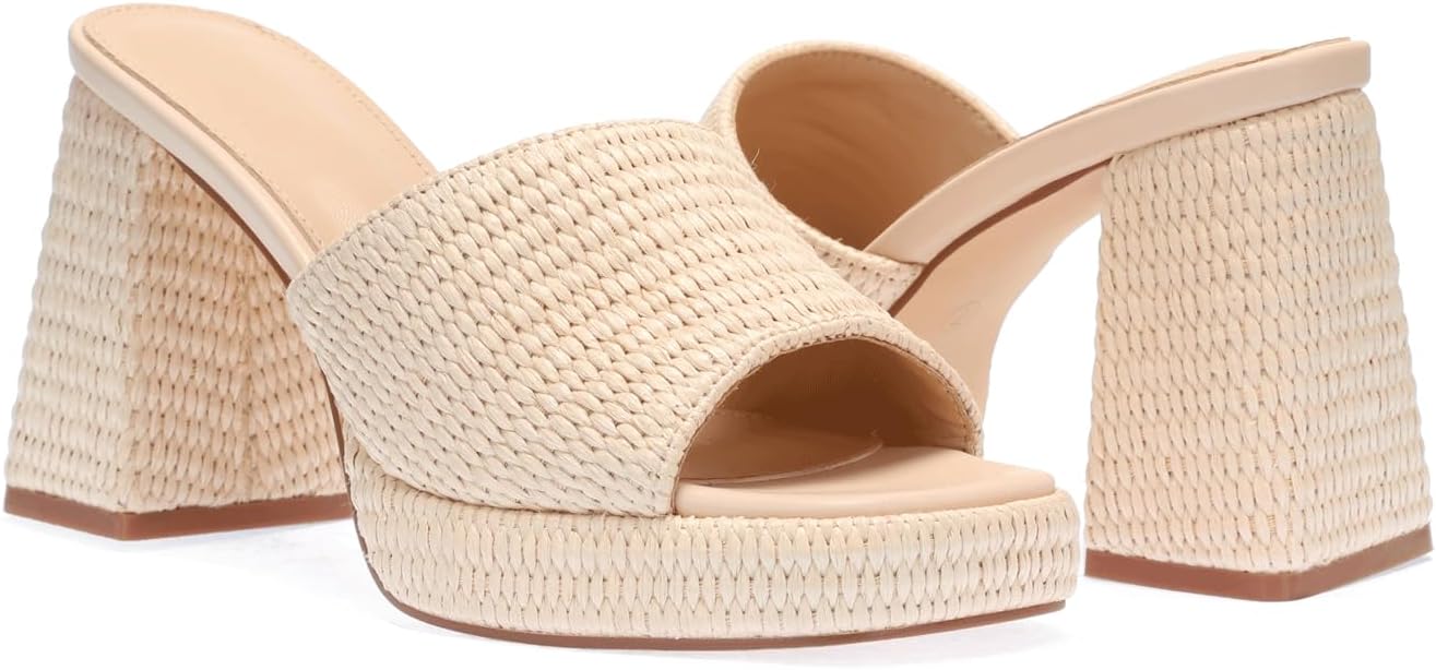 Monrovia Womens Sandals Heels for Women Slide On Block Chunky Platform High Heels Open Toe Raffia Wedge Sandals