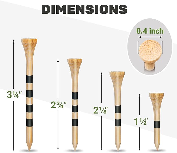 SAPLIZE Bamboo Golf Tees Pack of 100 or 150, Four Size Options (3-1/4", 2-3/4", 2-1/8", 1-1/2"), Stable and Reliable Golf Tees, Available in Natural Color