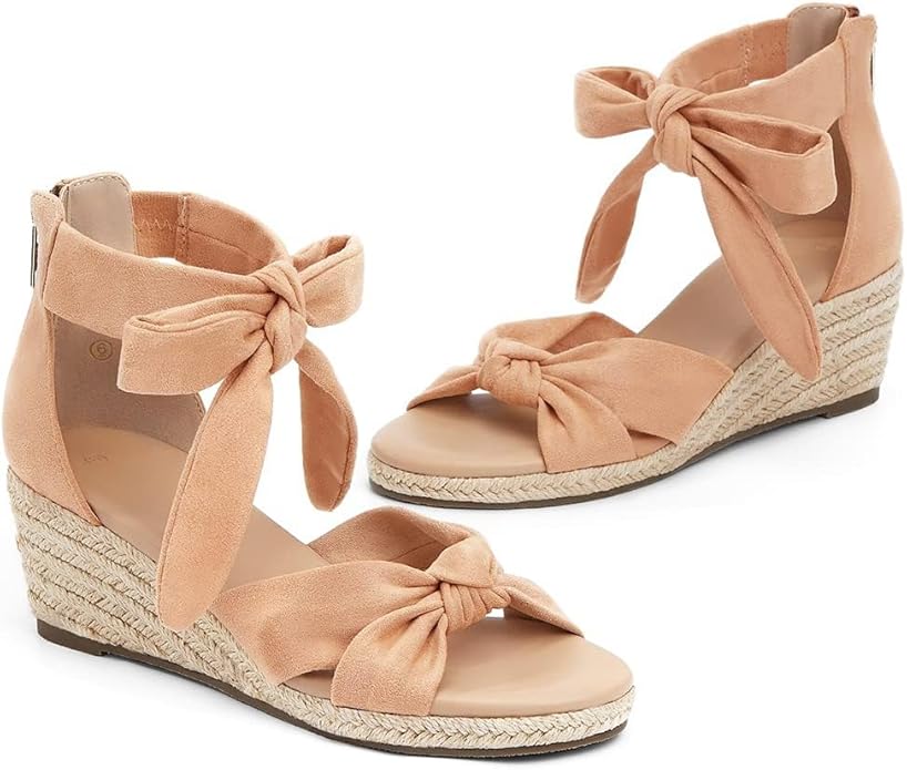 LAICIGO Womens Espadrilles Wedge Sandals Back Zipper Closure Open Toe Platform Ankle Strap Summer Dress Shoes with Bow