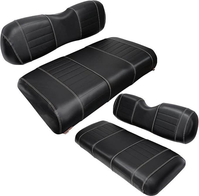 Golf Cart Seat Covers fits Club Car Precedent/DS/EZGO RXV/TXT/Yamaha Front Rear Seat Cushion，Black Leather Custom Stripe Soft Comfortable/Anti-Scratch/Easy to Clean